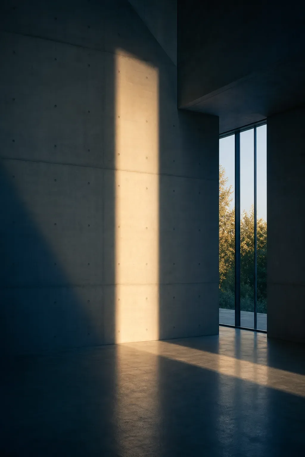 Warmes Licht fällt durch ein hohes Fenster auf eine glatte Betonwand in einem ruhigen, modernen Raum
